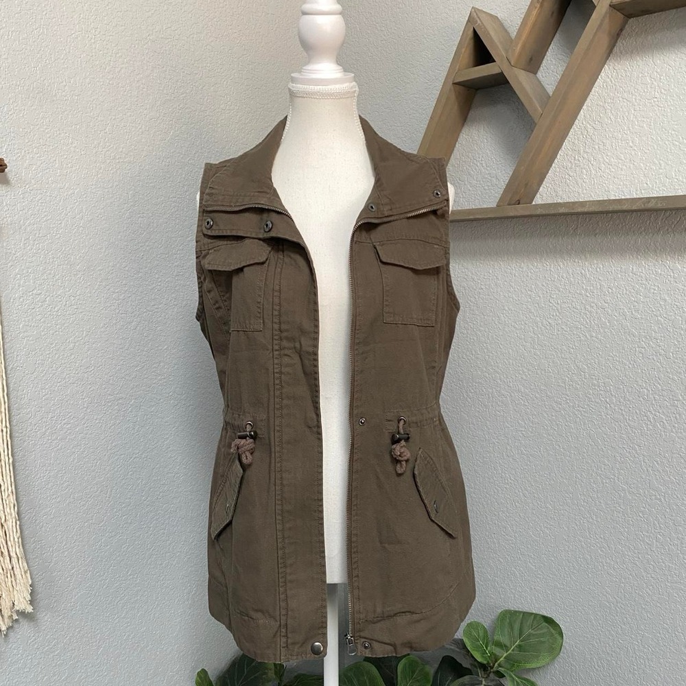SEBBY OLIVE GREEN ZIP UP MILITARY VEST SLEEVELESS 100% COTTON GRANOLA GOBLINCORE